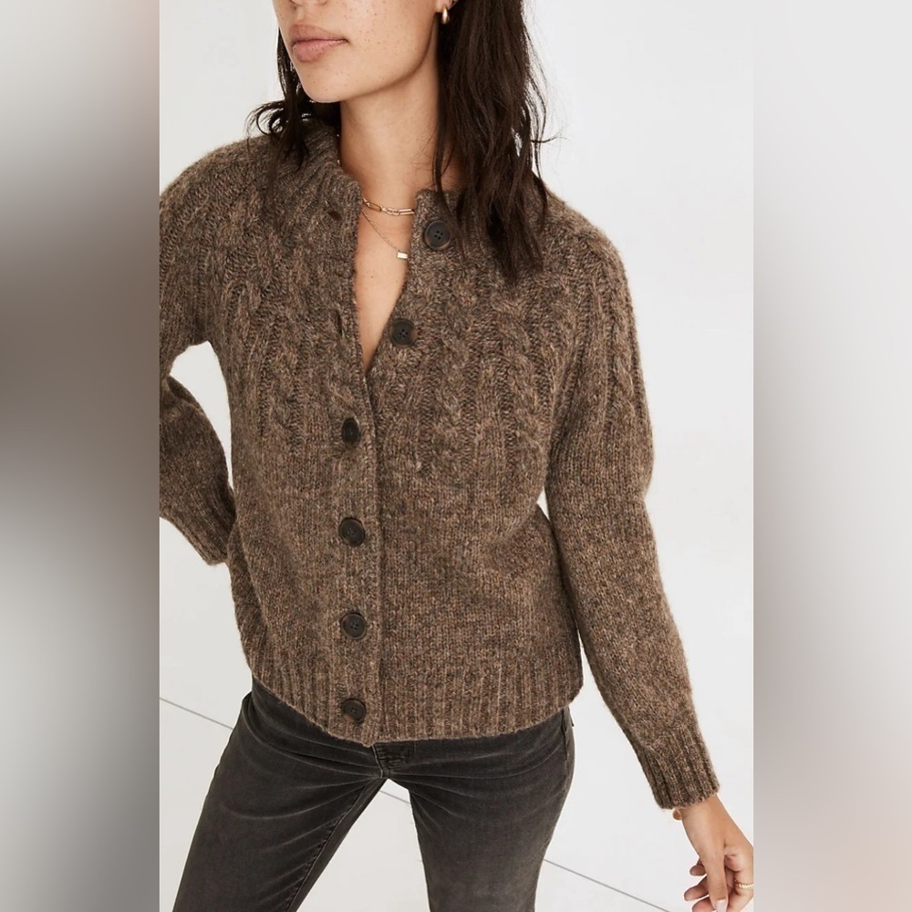 Madewell Harwood Cableknit Mockneck Cardigan Sweater in brown NWT